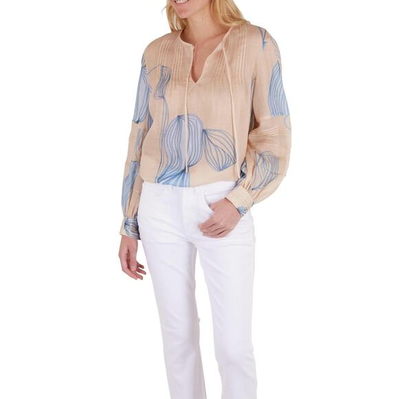 Lafayette 148 Eliza Dune & Light Blue Leaf Print Peasant Blouse | Size XS - Picture 2 of 8